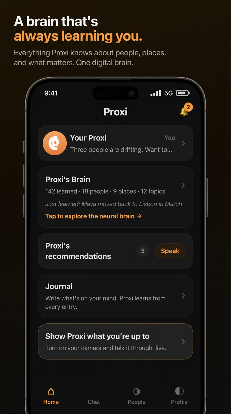 Proxi home screen on iPhone showing the digital brain, recommendations, and journal